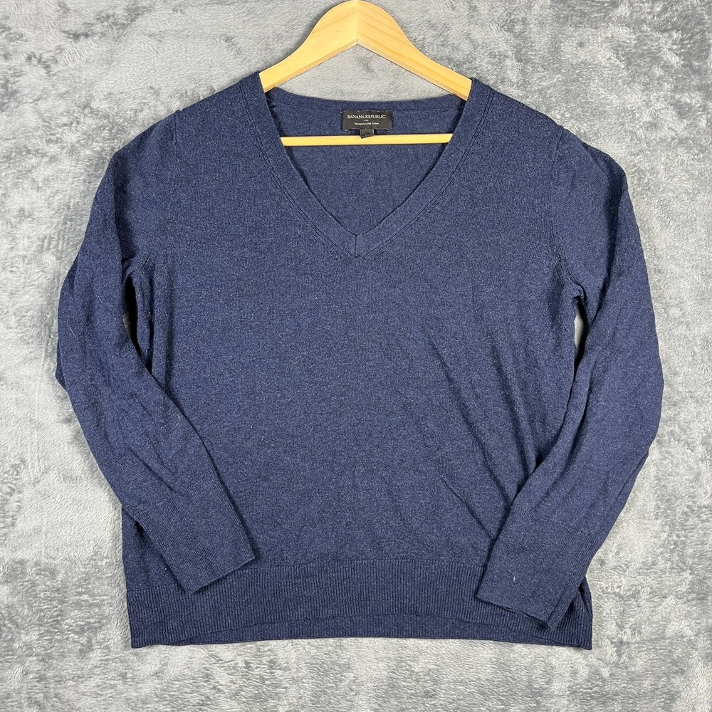 Banana Republic Premium Luxe Yarn Sweater Womens Large Navy Blue V Neck Ribbed